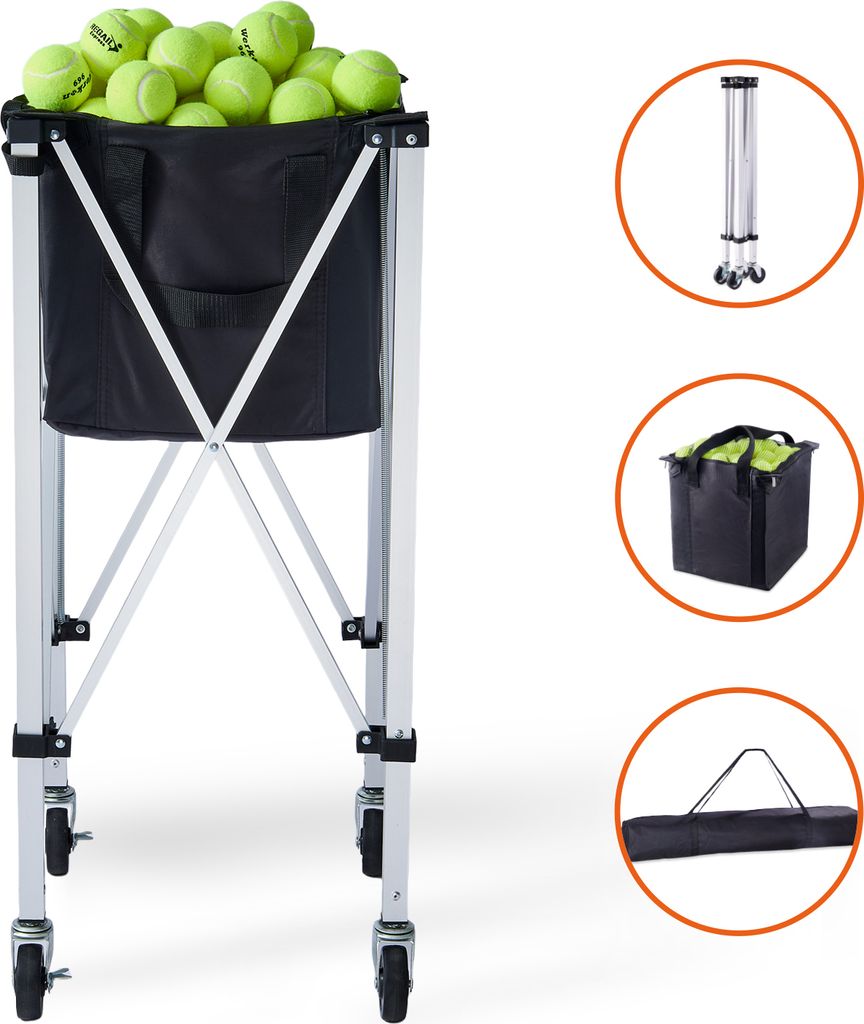 SucceBuy Faltbarer Tennisballbehälter, fasst 150 Bälle, leichter Wagen aus Aluminiumlegierung mit Rädern, abnehmbare Tasche, tragbar für Tennis...