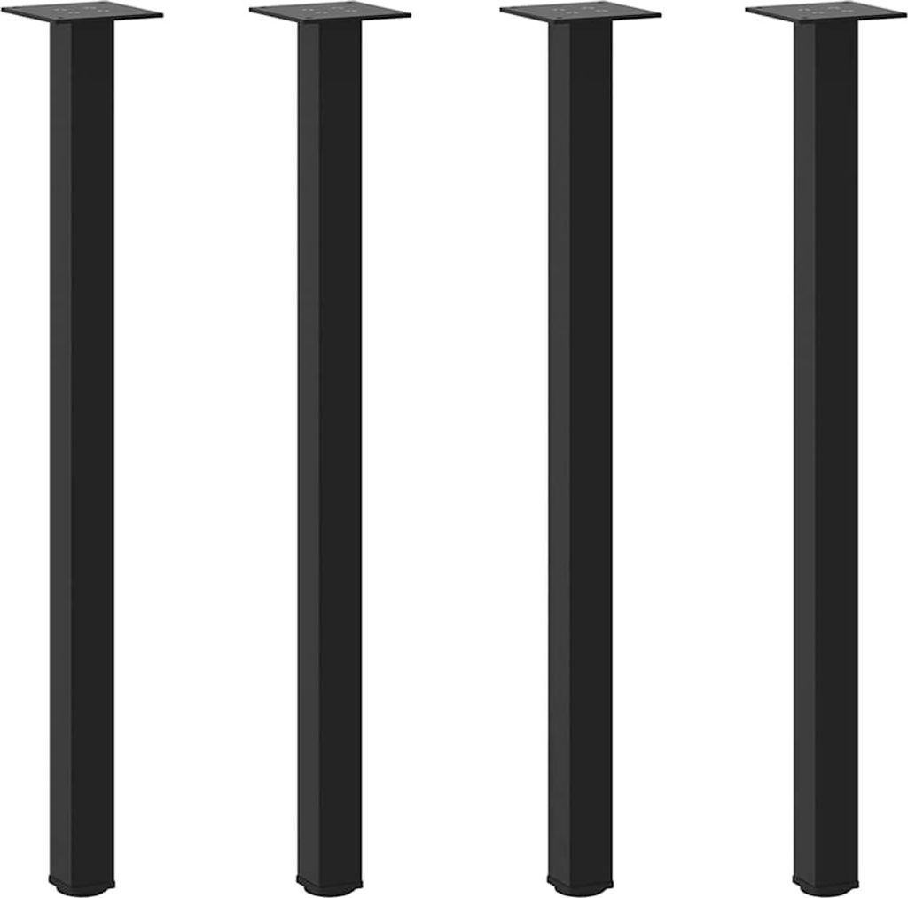 Four black table legs are arranged in a row against a white background.