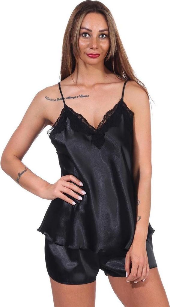 Damen Satin Nachtwäsche Pyjama Set Shorty mit Spitze; Produktbild 