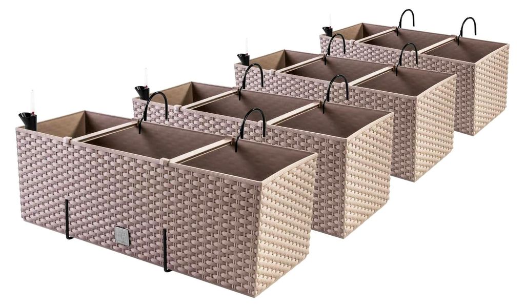 4 Blumenkästen Rattan-Optik mit Halterungen und Wasserstandsanzeiger