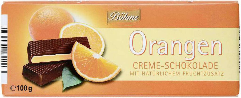 A chocolate bar package with images of oranges and chocolate.