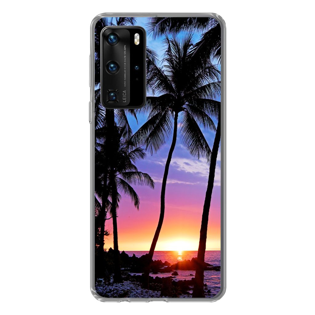 MuchoWow Handyhülle Schutzhülle Hülle für Huawei P40 Pro Eine Silhouette von Palmen während eines Sonnenuntergangs auf Hawaii Silikon Softca...