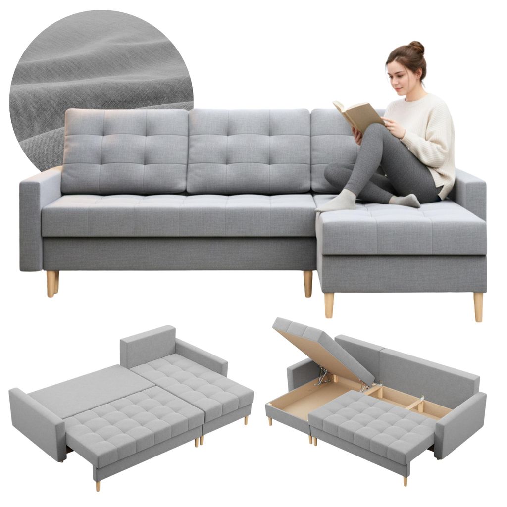 A collage of images showing a grey sectional sofa in different configurations, including one with a person reading on it and two showing its storage and bed functions.