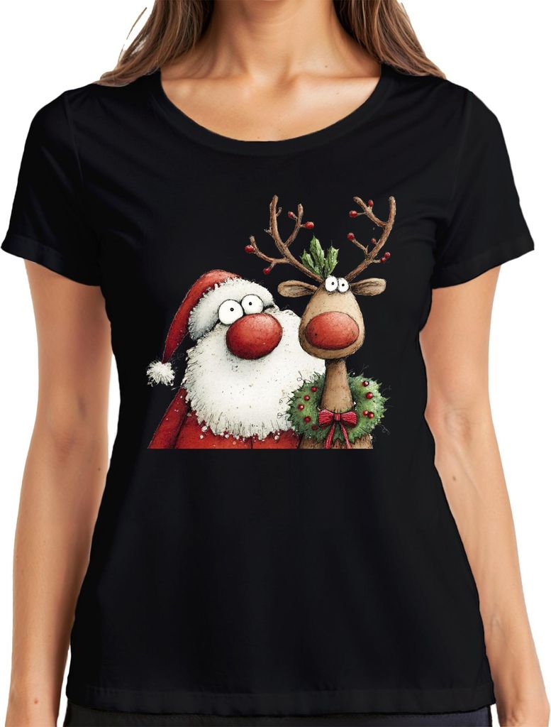 Weihnachtsmann Rentier rote Nase Kranz lustig Weihnachten Vintage Damen T-Shirt, Schwarz, M