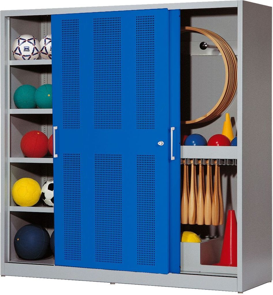 C+P Sportgeräteschrank mit Lochblech-Schiebetüren (Typ 5), HxBxT 195x190x60 cm, Enzianblau (RAL 5010), Lichtgrau (RAL 7035), Einzelschließung