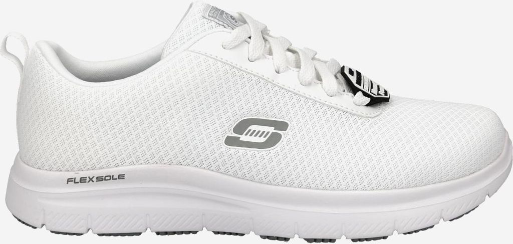 A white Skechers shoe is shown from the side against a white background.