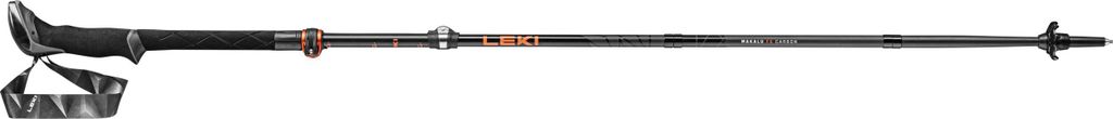 A single black and orange trekking pole against a white background.
