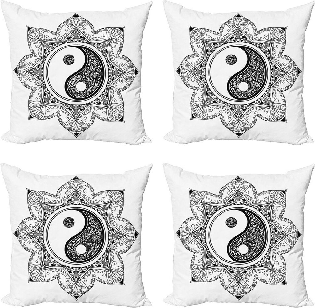 ABAKUHAUS Ying Yang Kissenbezug Set (4 Stück), Mehndi Mandala Blumenkunst, Moderner Doppelseitiger Digitaldruck, 40 cm x 40 cm, Schwarz-Weiss