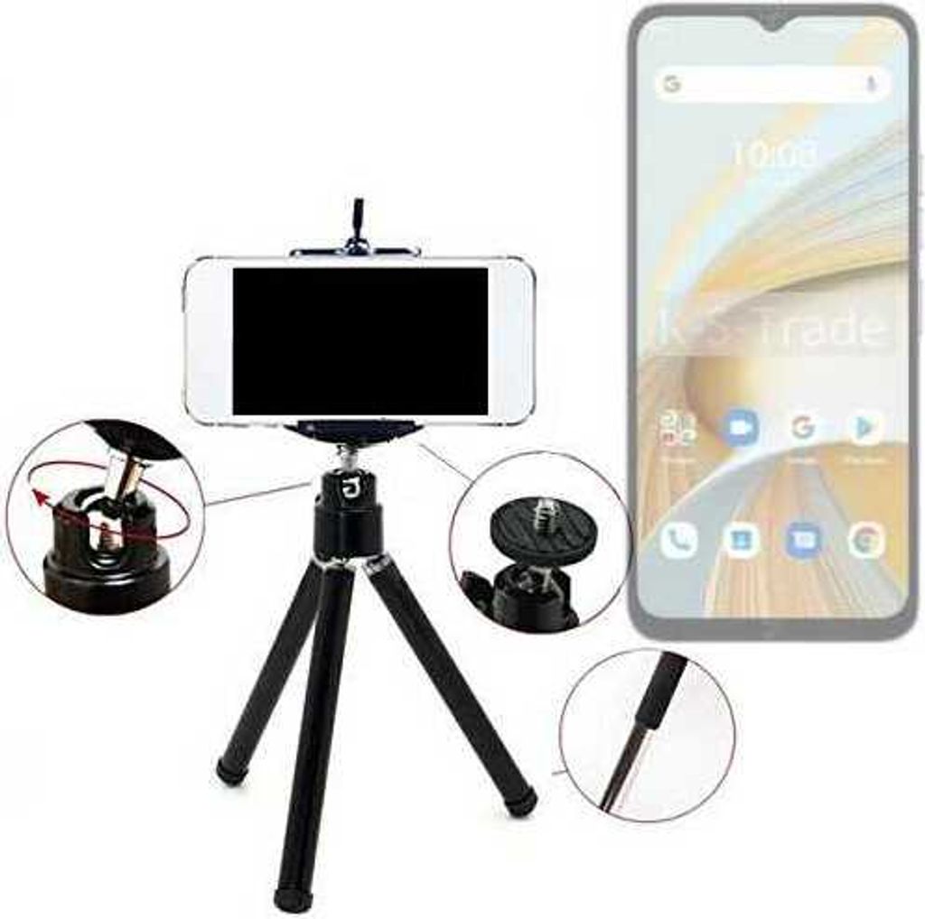 K-S-Trade Smartphone Stativ Dreibein kompatibel mit UMIDIGI G3 Plus Tripod aus Aluminium Klemmstativ Stativ Adapter für Mobiltelefone schwarz 1x