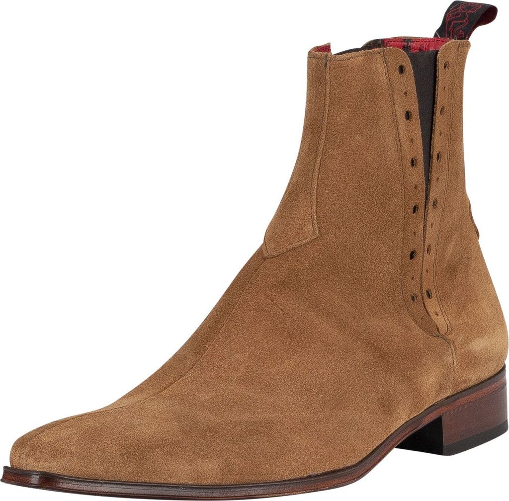 A single brown suede boot is shown against a white background.