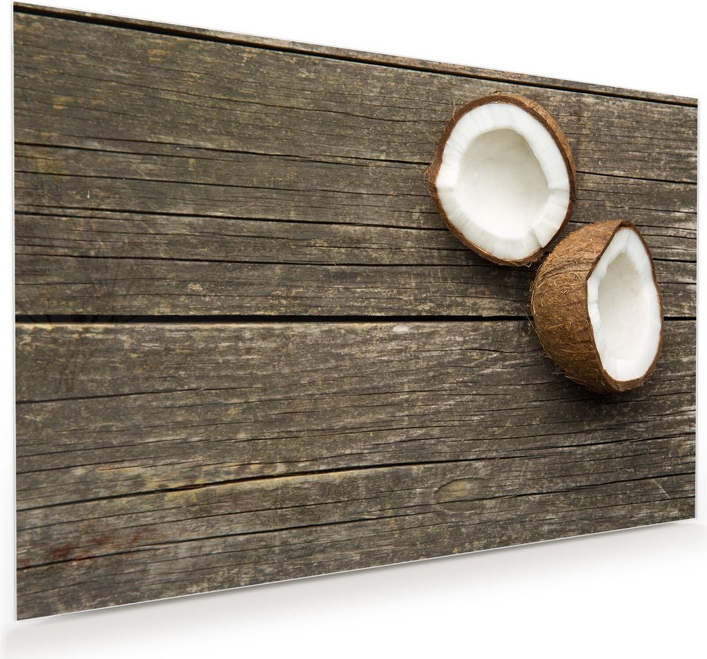 Glasbild Wandbild Kokosnuss auf Holztisch 45x30cm in XXL für Wohnzimmer, Schlafzimmer, Badezimmer, Flur