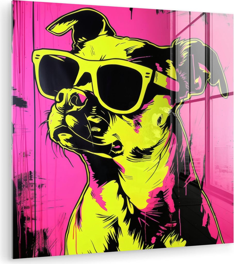 MuchoWow Glasbilder - Bilder auf Wandbild - Foto auf Glas Hund - Sonnenbrille - Rosa - Kunst 30x30 cm Wanddekoration aus Glas - Acrylglasbild - Acr...