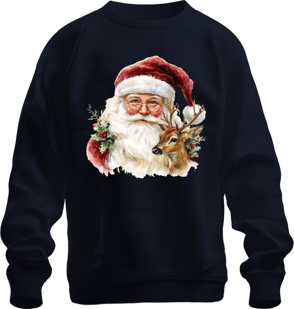 Weihnachtsmann Rentier Aquarell Vintage Geschenk Weihnachten Uni Sweatshirt Pullover, Navy, S
