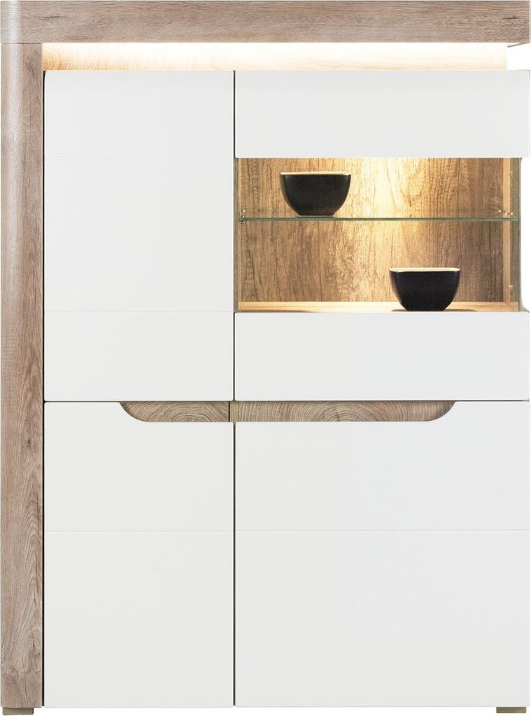 Furniture24 Vitrine Irma IM5 Wohnzimmerschrank Schrank Vitrinenschrank Highboard 4 Türen Led Beleuchtung Eiche/Weiß Hochglanz
