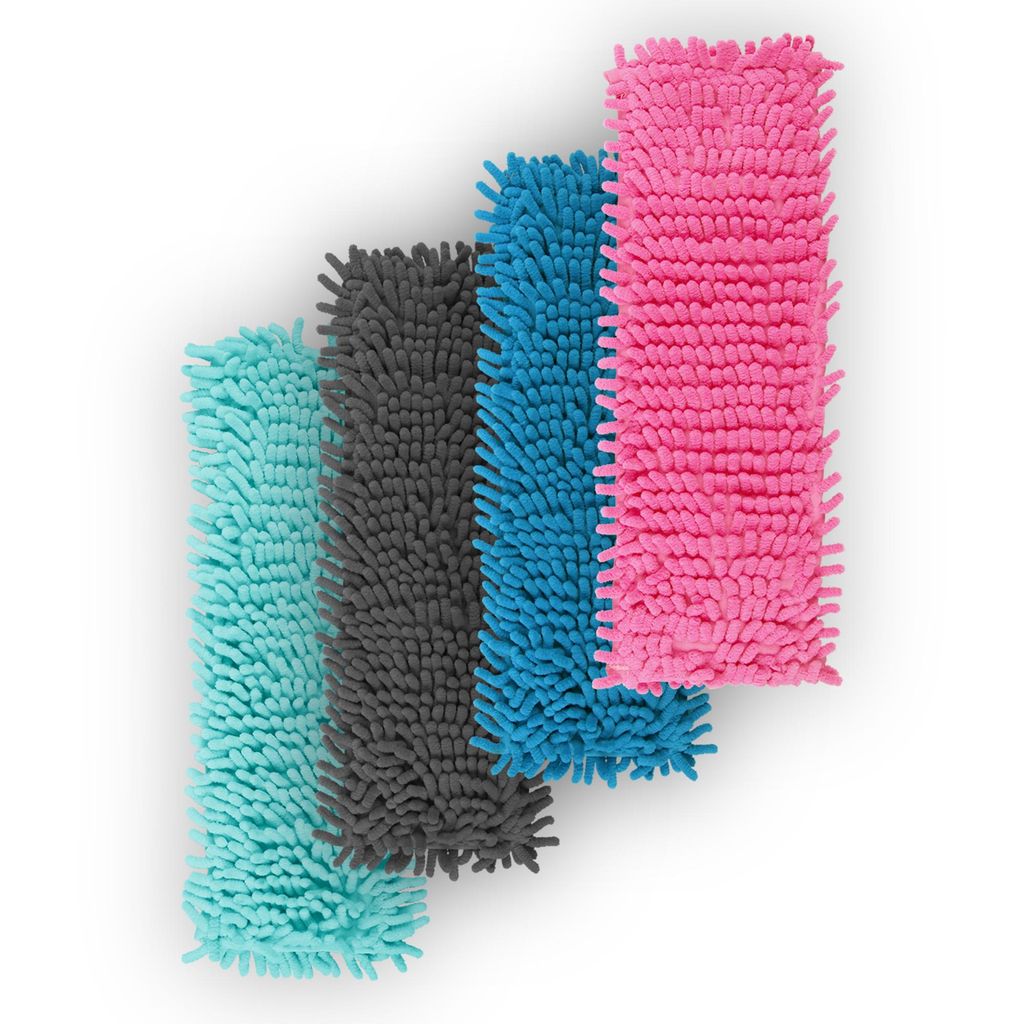 A set of five colorful microfiber mop heads arranged diagonally on a white background.
