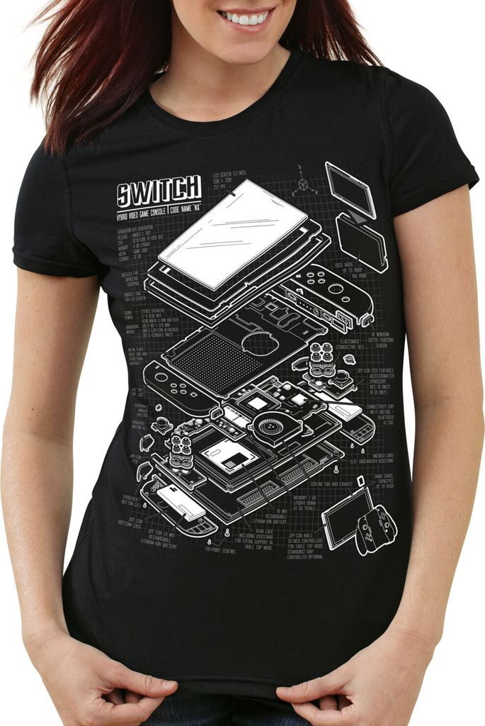 style3 Switch Blaupause Damen T-Shirt pro gamer konsole joy-con, Farbe:Schwarz, Größe:M