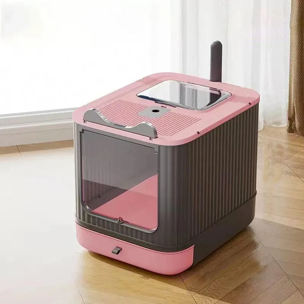 Bac à litière rose anti-projections pour appartement, format avec tiroir