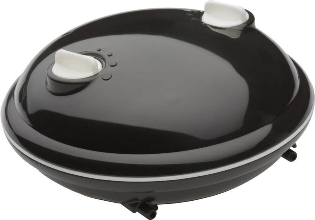 A black aquarium air pump with white knobs sits on a white background.