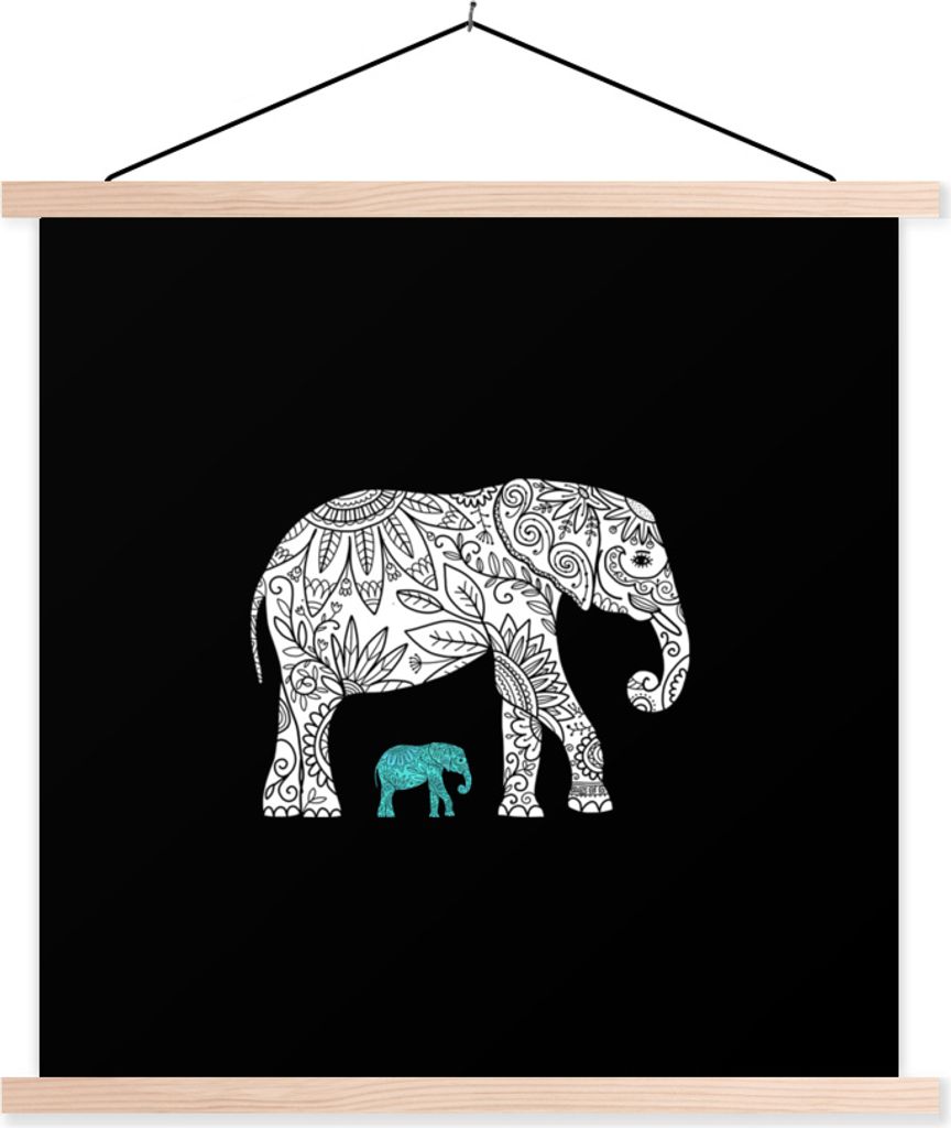 MuchoWow Textilposter Elefant - Muster - Blau - Weiß 40x40 cm mit holzfarbenen Rahmen - Posterleiste