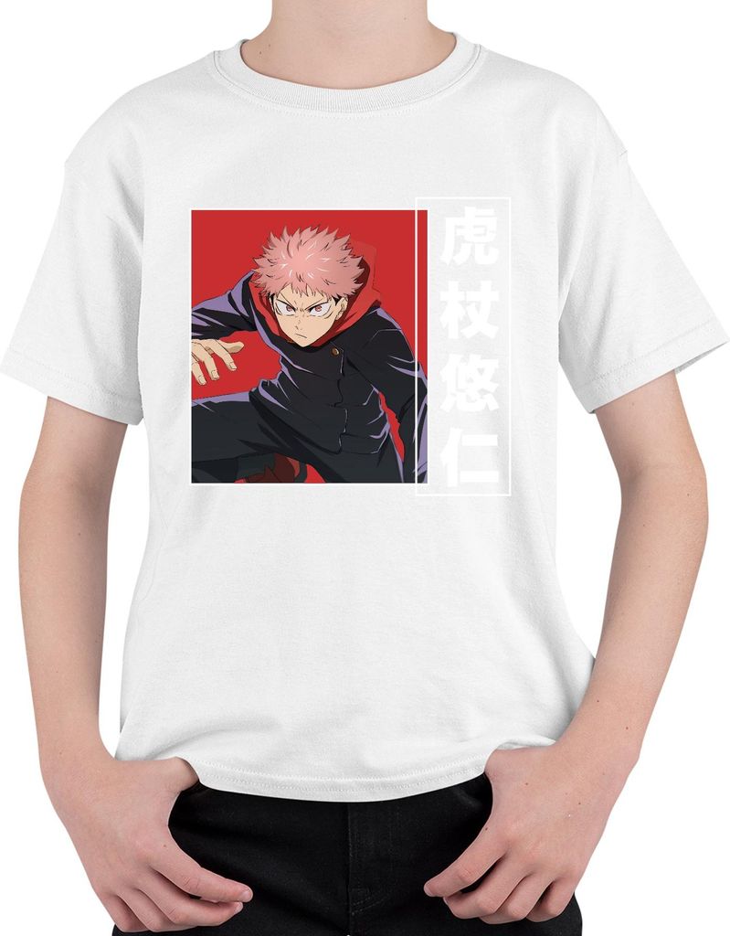 Jujutsu Kaisen Yuji Itadori Anime Manga Geschenk Fan Action Uni Kinder T-Shirt, Weiß, 116