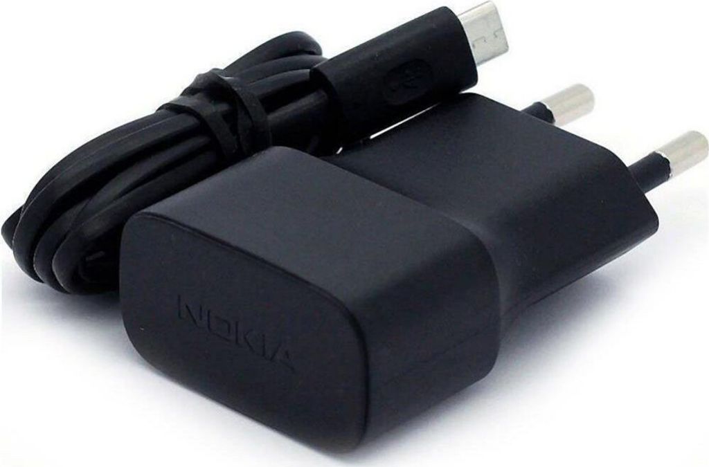 A black Nokia charger and USB cable are shown against a white background.
