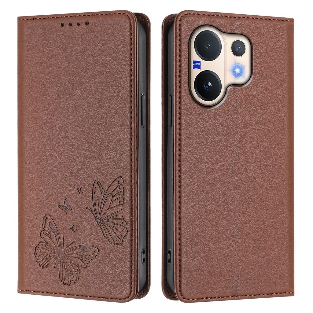 Lederhülle für Vivo V60 5G, Schmetterling Prägung Leder Brieftasche Schutzhülle mit Ständer Braun