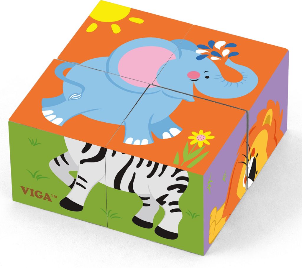 Viga 50836 4-teiliges 6-Seiten-Würfelpuzzle - Wildes Tier