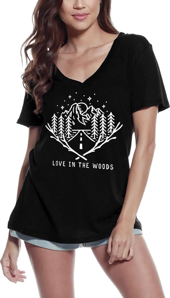 Damen Grafik T-Shirt V-Ausschnitt Liebe in den Wäldern – Love In The Woods – Öko-Verantwortlich Vintage Jahrgang Kurzarm Lustige Druck Geburt...