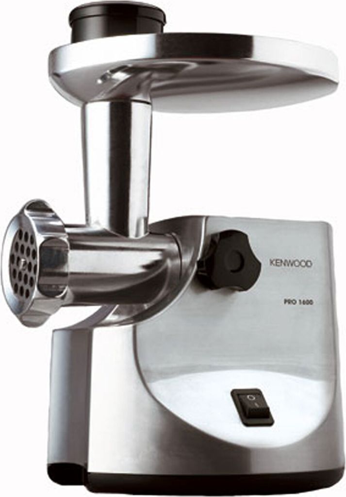 A silver and black Kenwood meat grinder is shown against a white background.