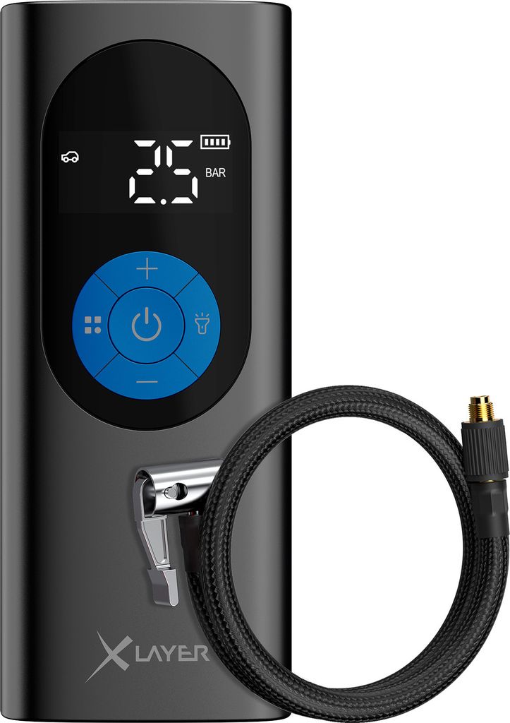 A portable air compressor with a digital display and a coiled hose.