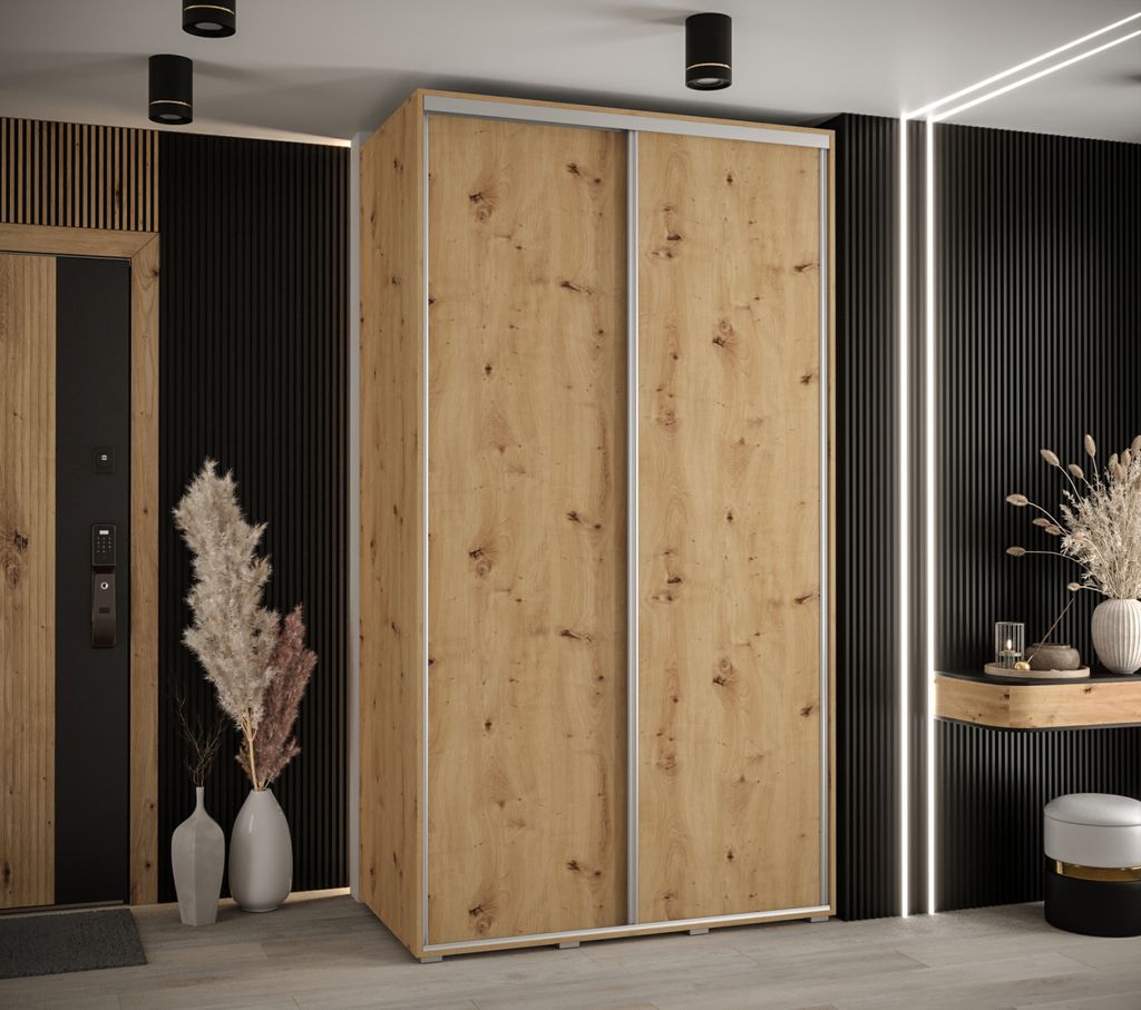Kleiderschrank YVONA 1 - 130/60 cm, Eiche handgefertigt / Silber
