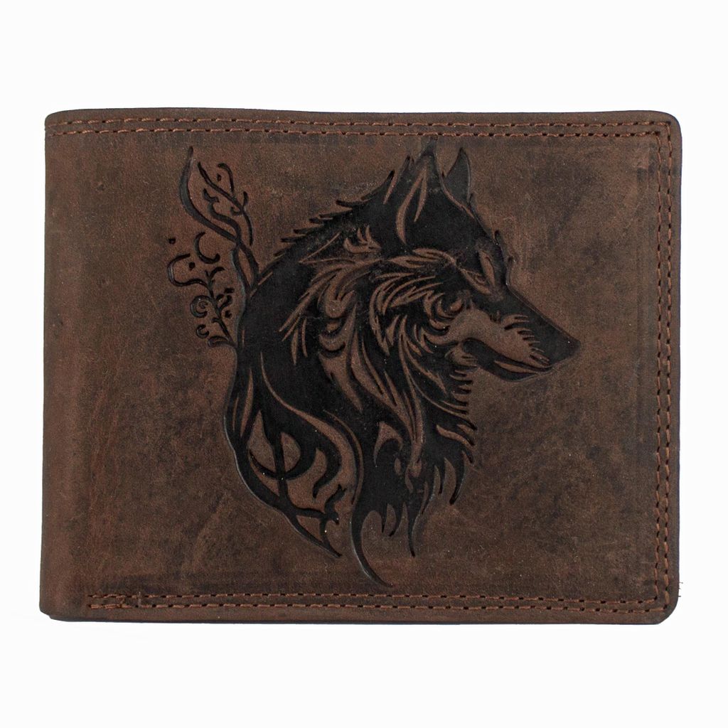 RFID Büffel Echt Leder Geldbörse mit geprägtem Wolf Motiv Produktbild 