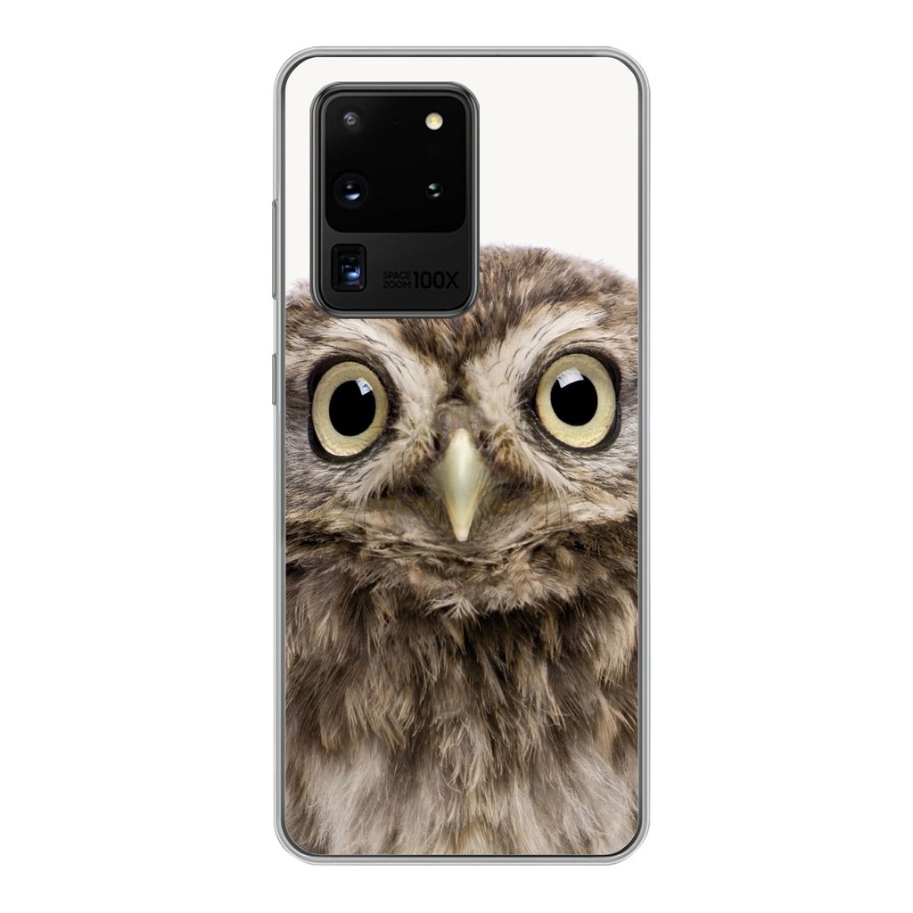 MuchoWow Handyhülle Schutzhülle Hülle für Samsung Galaxy S20 Ultra Eule - Eule - Porträt - Braun - Vogel - Jungen - Mädchen Silikon Softcas...