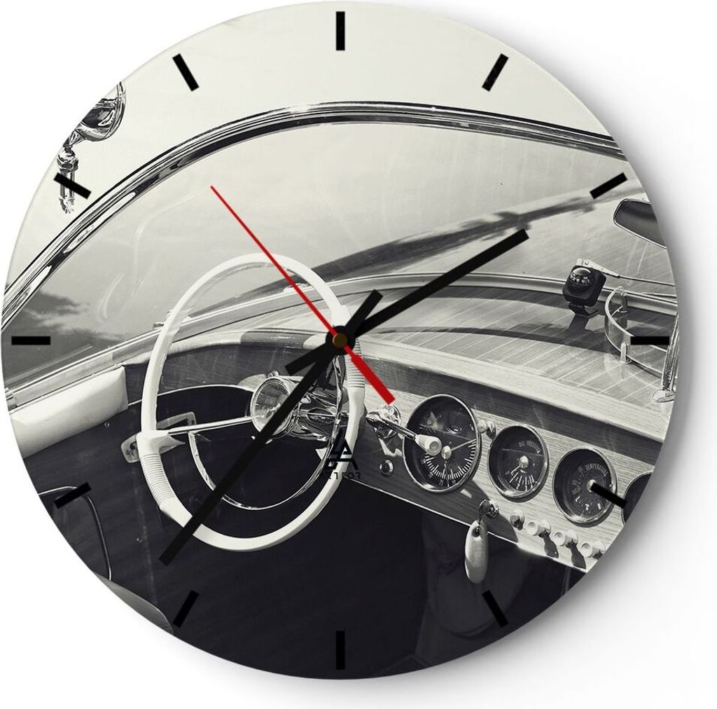 Wanduhr - Rund - Glasuhr - Luxus Boot Schwarz und Weiß - 40x40cm - Schleichendes Uhrwerk - Lautlos - zum Aufhängen bereit - Dekoration Modern - W...