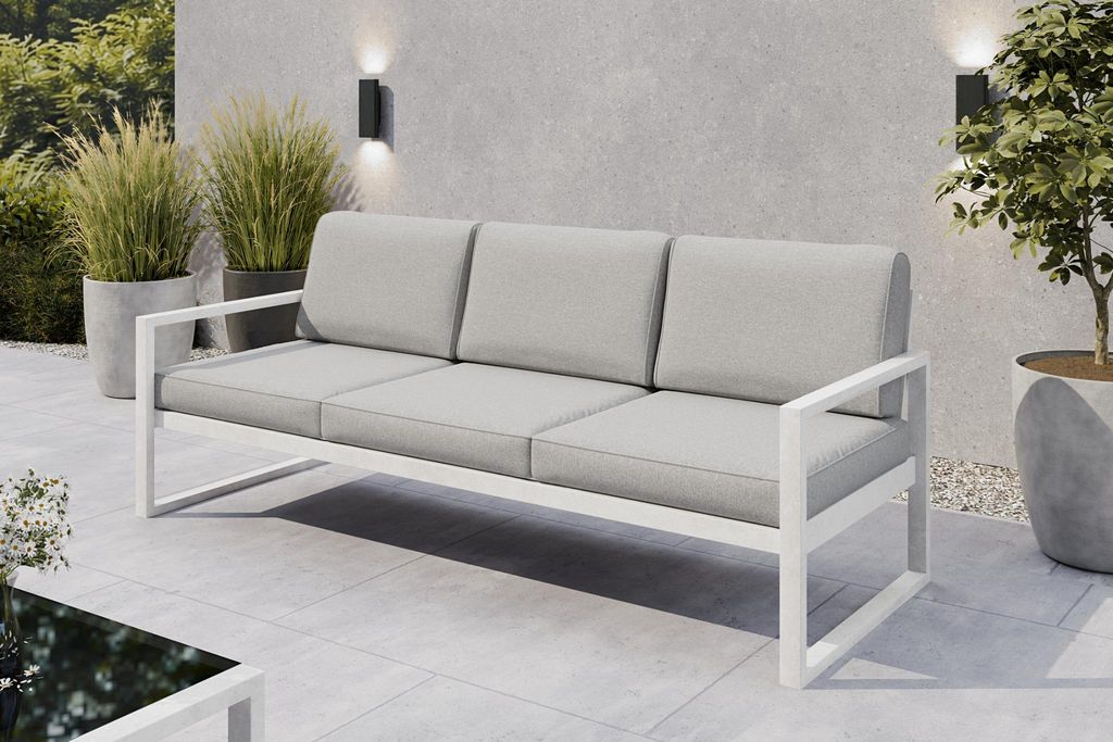 Margaret Hadas24 Gartensofa 3 Sitzer Outdoor Madera Lounge Couch Terrasse wetterfest Balkonmöbel Sitzbank mit Lehne, Gartenmöbel weiß, hellgrau