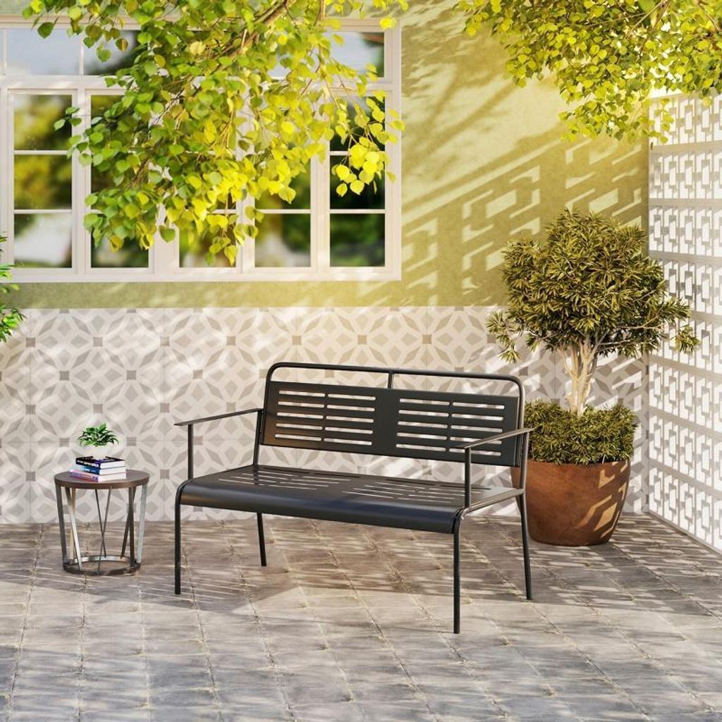 MODFU Outsunny Gartenbank wasserabweisend Sitzbank mit Rücken- & Armlehnen,Balkonbank Parkbank mit Rückenlehnenwinkel über 90°,Schwarz