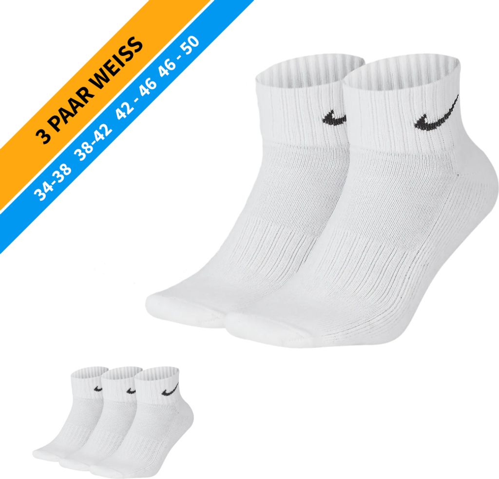 NIKE Socken - Farbe: 3 Paar Weiß Quarter Socken - Größe: 46-50
