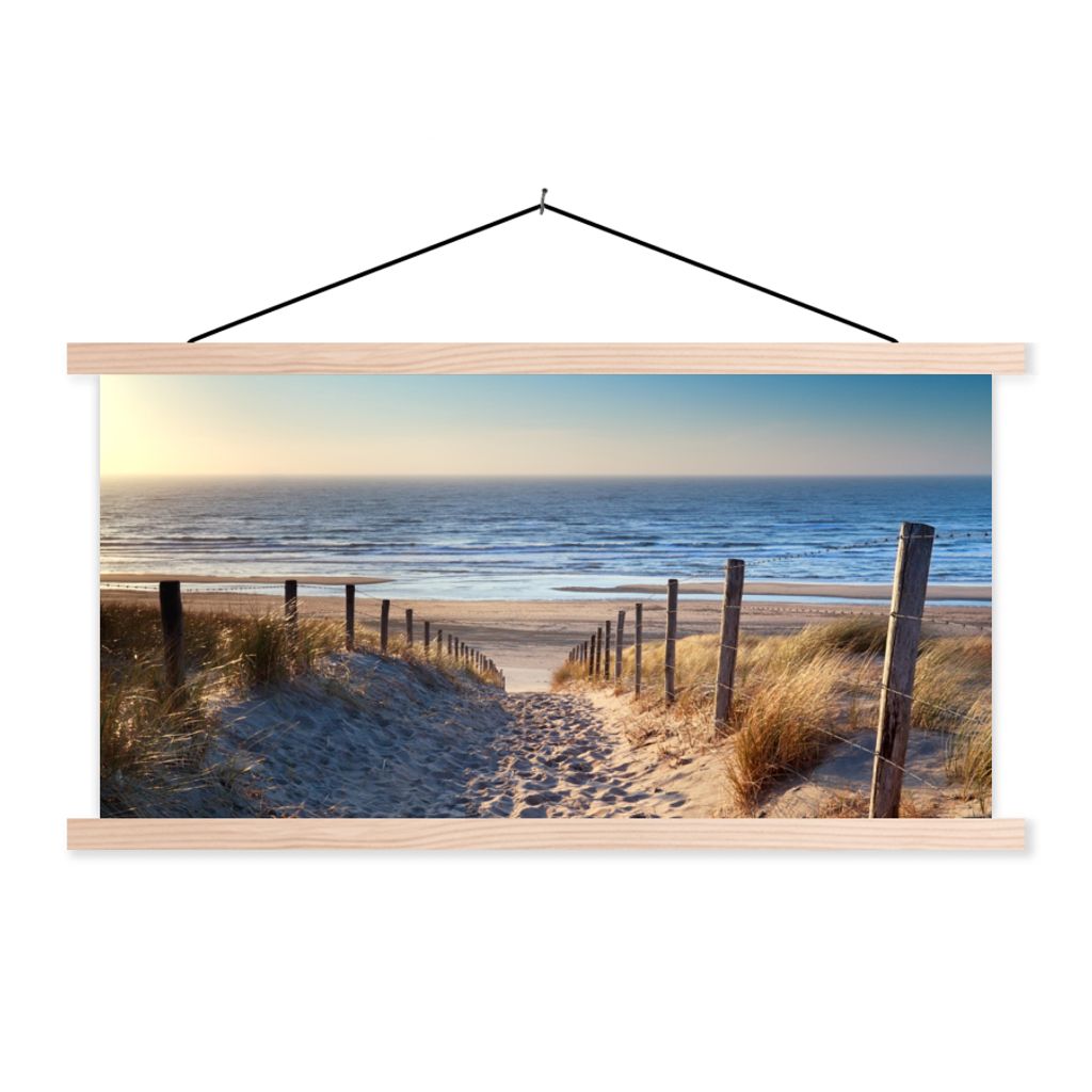 MuchoWow Textilposter Sand - Strand - Düne - Meer - Sommer 120x60 cm mit holzfarbenen Rahmen - Klemmleiste