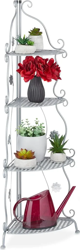 Support fleurs d'angle en fer forgé rétro argenté à 4 tablettes