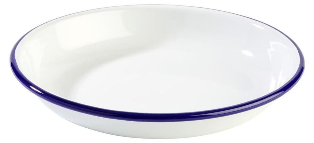 APS 40662 Teller tief ENAMELWARE, Ø 22 cm, Höhe 3,5 cm, emailliertes Stahlblech, weiß mit blauem Rand