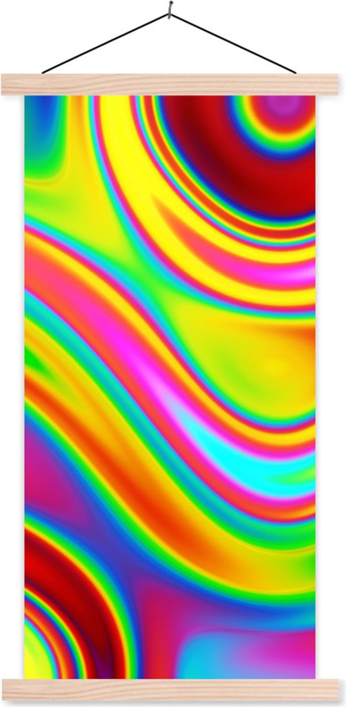 MuchoWow Textilposter Kunst - Wellen - Farben - Psychedelisch 60x120 cm mit holzfarbenen Rahmen - Holz