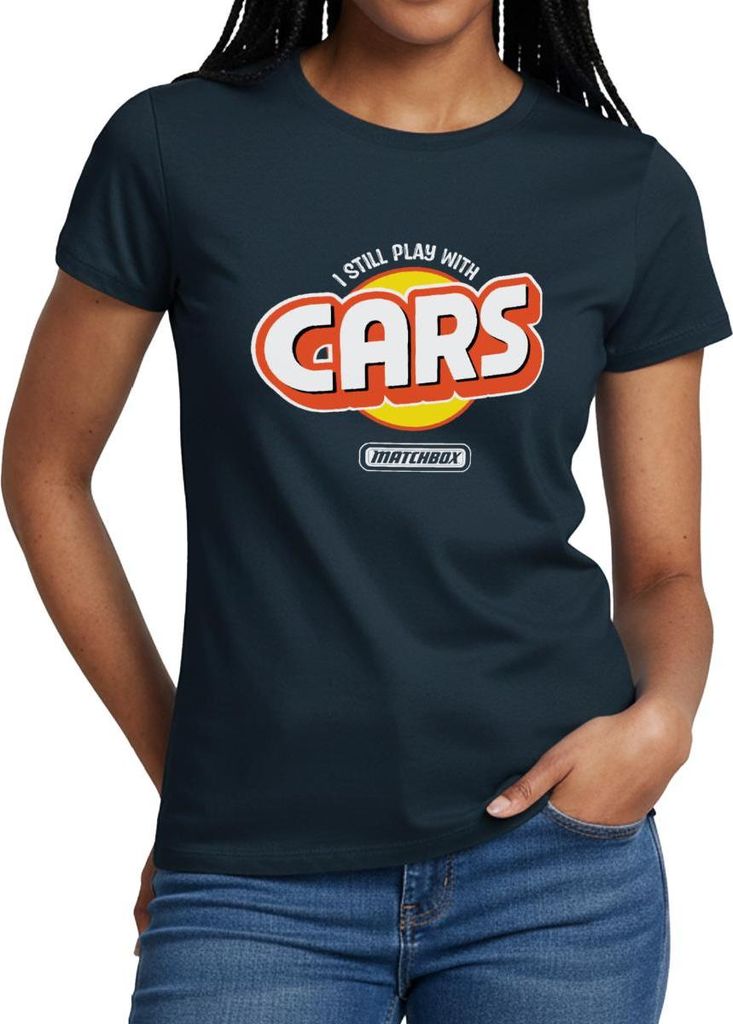 Spreadshirt Matchbox I Still Play With Cars Design Frauen T-Shirt, L, Navy