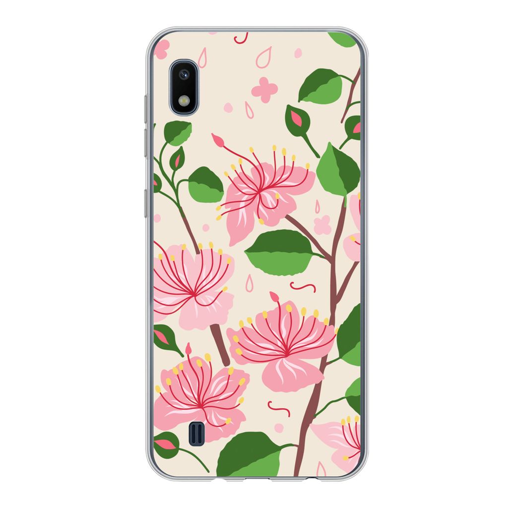 MuchoWow Handyhülle Schutzhülle Hülle für Samsung Galaxy A10 Blume - Rosa - Blatt - Muster Silikon Softcase Handy Hülle - Schutzhülle