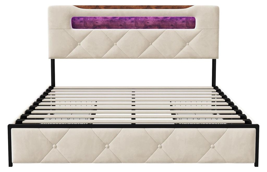 Bett - Polsterbett 140x200 cm - Doppelbett mit 4 Schubladen Stauraum - LED Beleuchtung - USB Anschluss - Kopfteil mit Fächern - Samt Beige