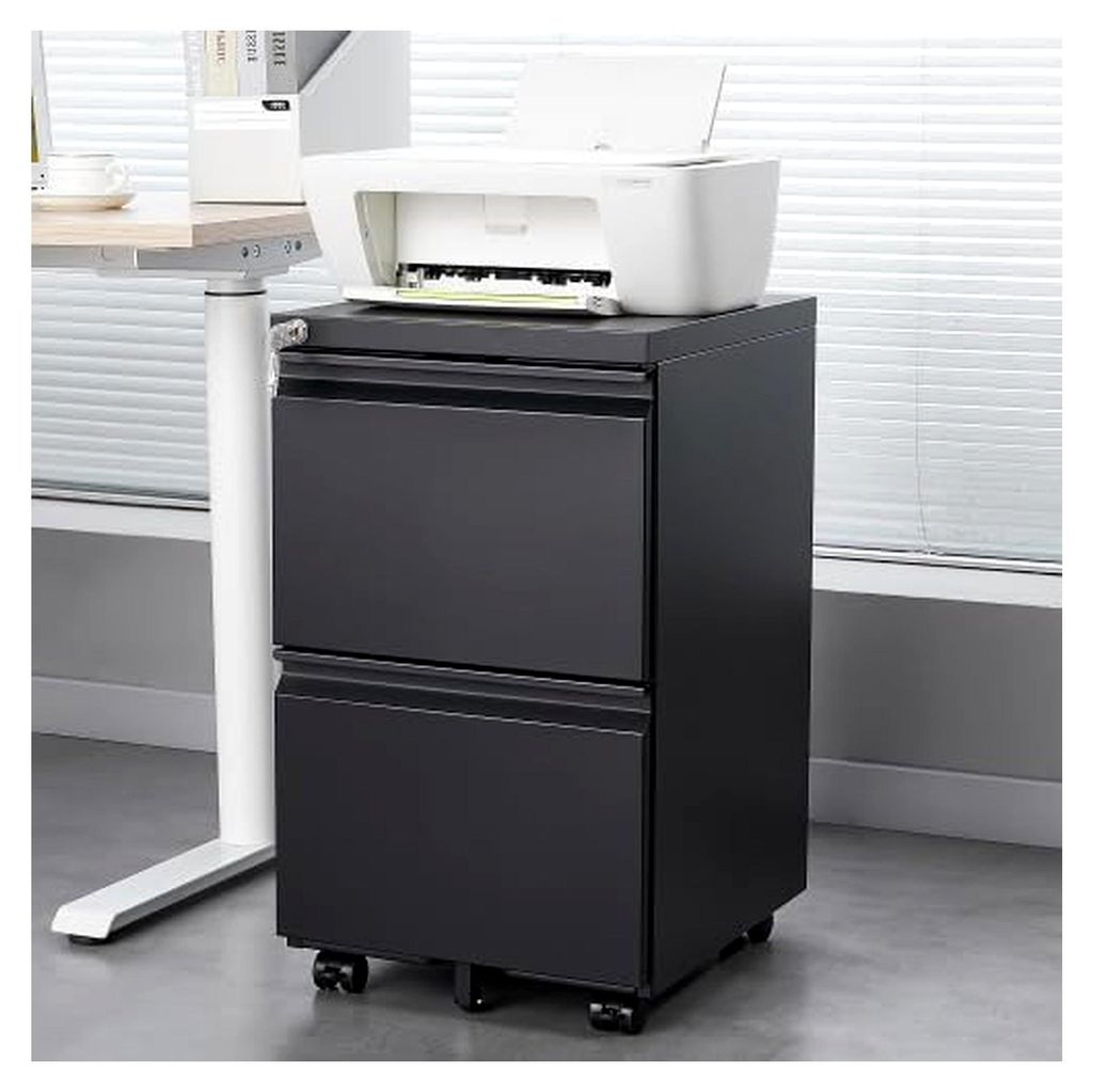 Abschließbarer Rollcontainer mit 2 Schubladen – Mobiler Aktenschrank auf Rollen aus Metall für Home Office und Büro, Schwarz als Schreibtisch-...