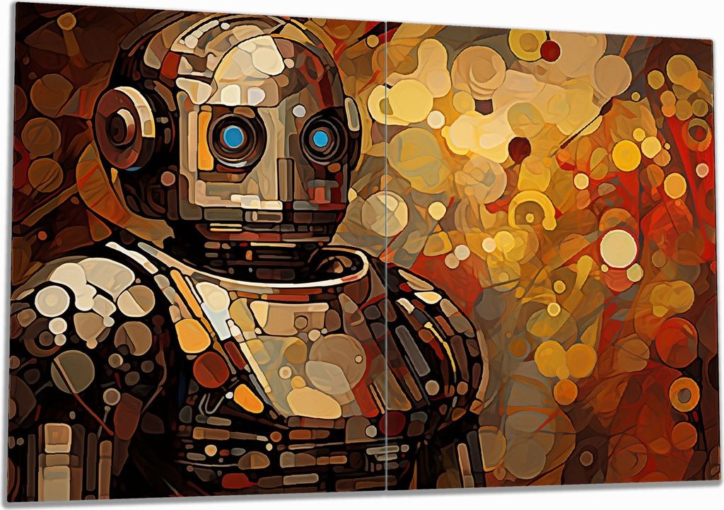 Wallario Herdabdeckplatte aus Glas, Größe 80 x 52 cm 2-teilig, Motiv Bildnis eines Roboters