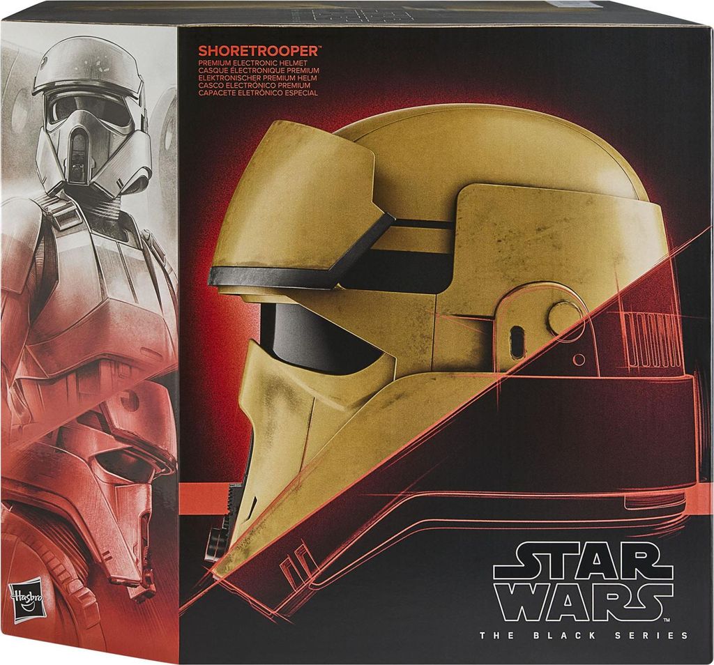 The image shows the packaging for a Star Wars Black Series Shoretrooper electronic helmet. The packaging features artwork of the helmet and a Shoretrooper character.