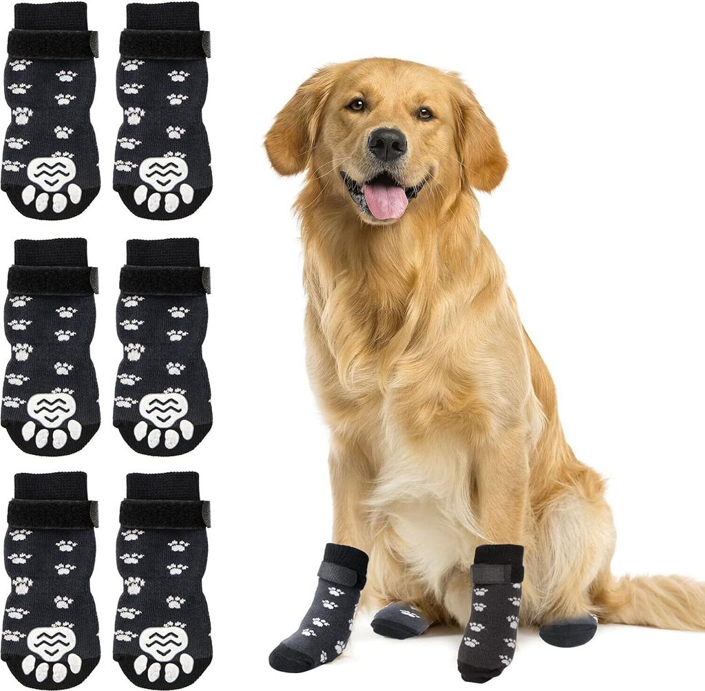 3 Paar Indoor Anti-Rutsch Socken für Hunde - Weicher Verstellbarer Pfotenschutz für Alter Hund mit Riemen Traktionskontrolle für den Innenbereic...