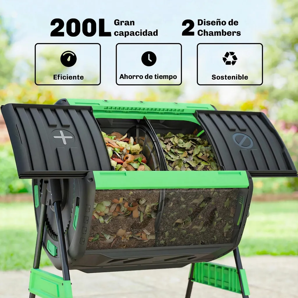 Compostier rotatif à double compartiment 200L sans BPA vert militaire - 4