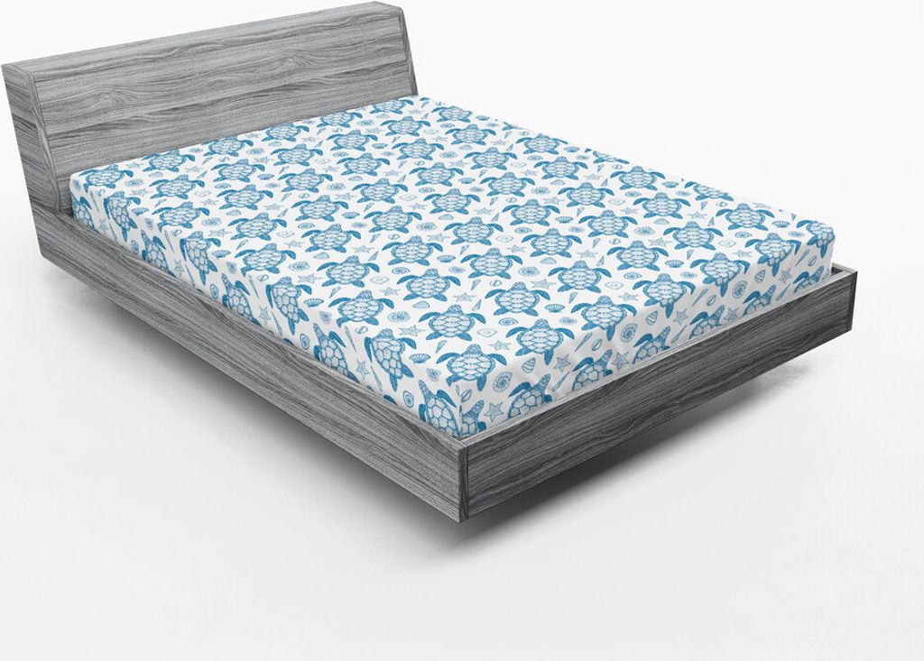 ABAKUHAUS Schildkröte Spannbetttuch, Subaquatic Animals Illustration Monochrome Meeresschildkröte und Muscheln Ocean Elements, 150 x 190 cm, Blau...